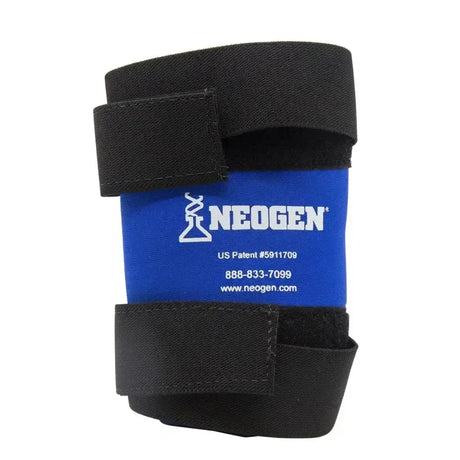 Black neoprene neogen vac-pac bottle holder on-arm with blue panel featuring neogen logo and contact info