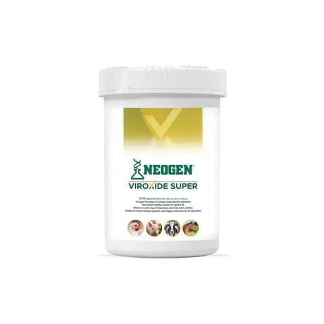 White plastic container of neogen viroxide super broad-spectrum powder disinfectant with green yellow animal label