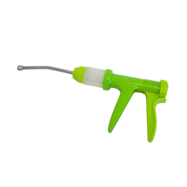 Bright green nettex agri auto plastic drench gun with white barrel and metal needle for delivering oral liquid