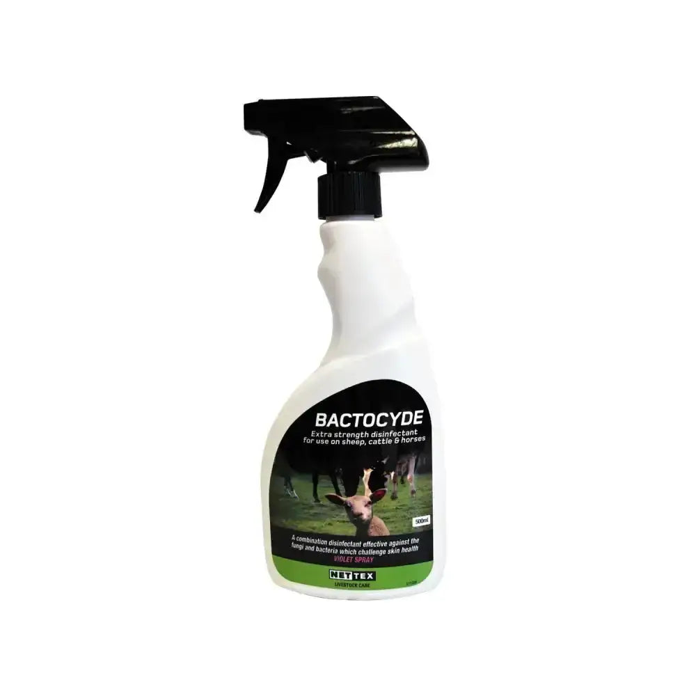 White plastic nettex agri bactocyde trigger spray disinfectant bottle with black nozzle and livestock label