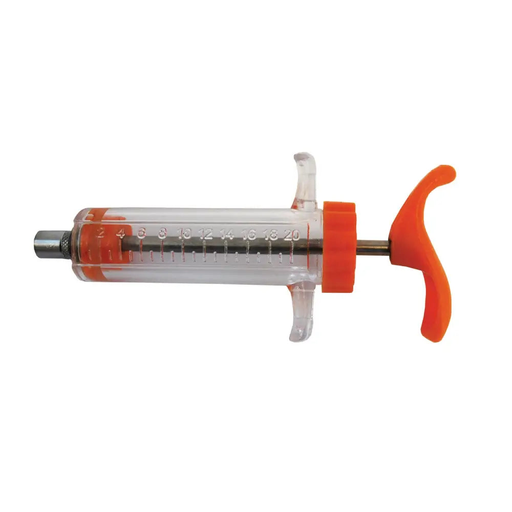 Clear reusable nettex agri balplex balplex veterinary syringe with orange caps and ergonomic handle for easy use
