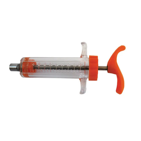 Clear reusable nettex agri balplex balplex veterinary syringe with orange caps and ergonomic handle for easy use