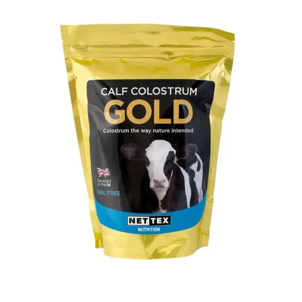 Gold-colored pouch of nettex agri calf colostrum gold featuring black and white calf image on the label