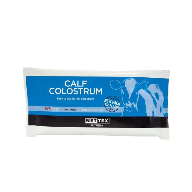 Nettex agri calf colostrum fat colostrum supplement in blue and white calf colostrum sachet with cow silhouette design
