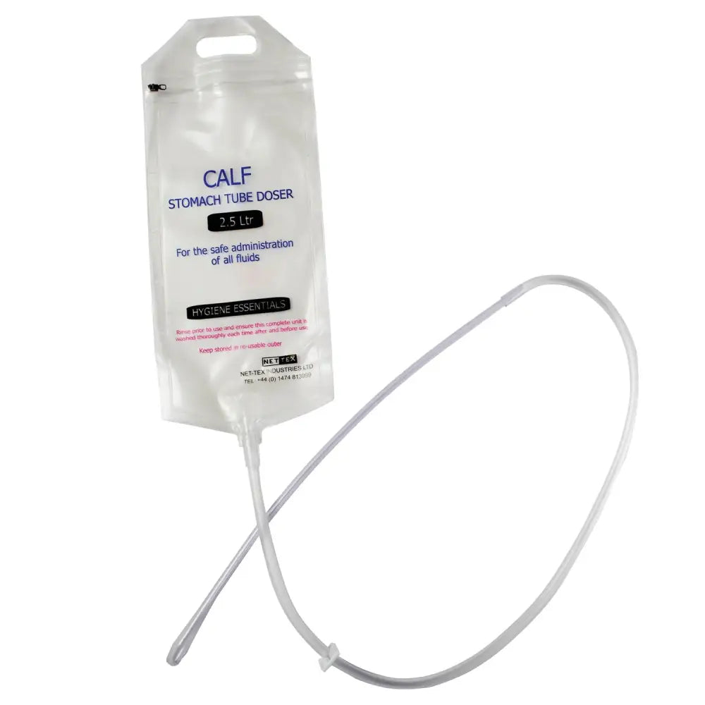 Clear plastic 2.5-liter nettex agri calf feeder bag with flexible tubing and handle for easy feeding