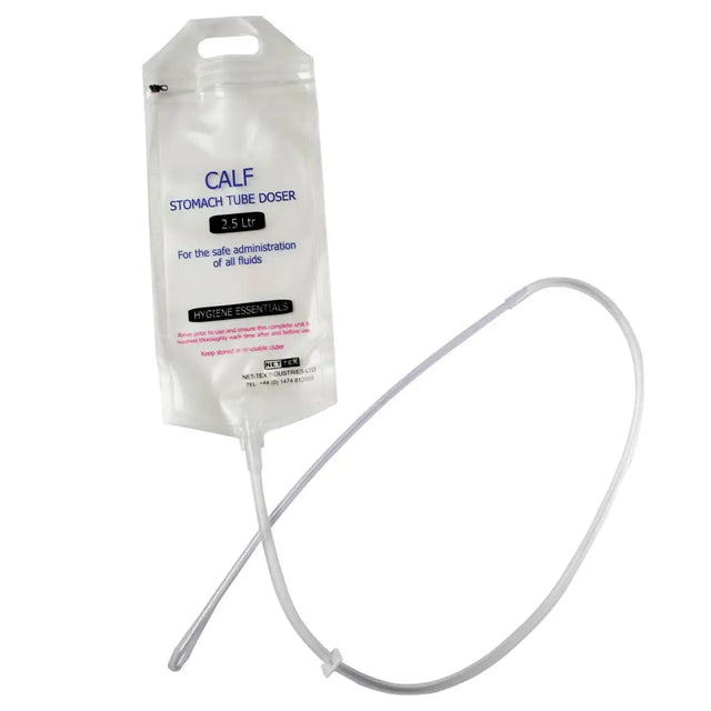 Clear plastic 2.5-liter nettex agri calf feeder bag with flexible tubing and handle for easy feeding