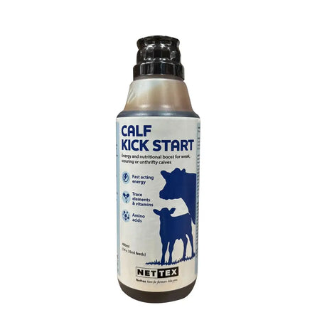 A white bottle with black cap labeled nettex agri calf kick start containing brown liquid for calves