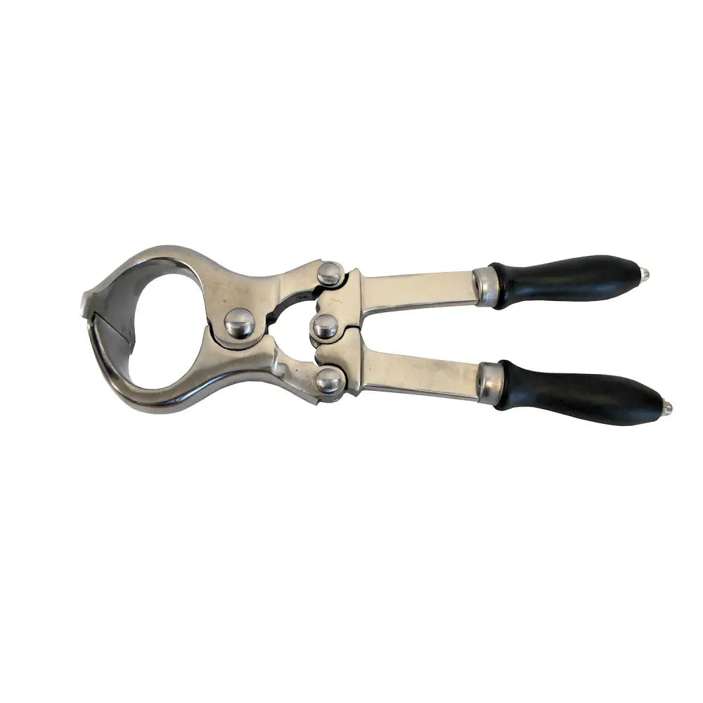 Silver-toned metal nettex agri castration pliers with black rubberized handles for easy use