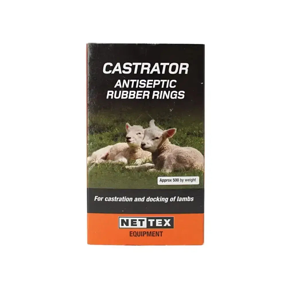 Black and orange nettex agri castrator antiseptic rubber rings packaging with two white lambs on green grass