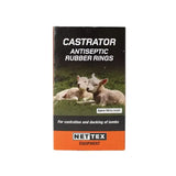 Black and orange nettex agri castrator antiseptic rubber rings packaging with two white lambs on green grass