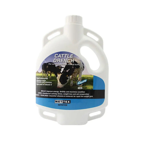 White plastic jug of nettex agri cattle drench with blue and black label showing cows for high specification vitamin use