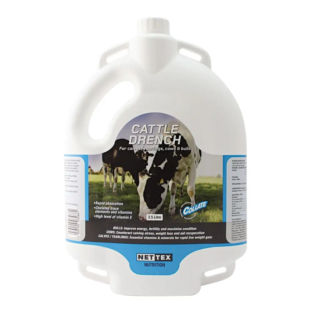 White plastic jug of nettex agri cattle drench backpack with blue black label and images of cows for high specification vitamin use