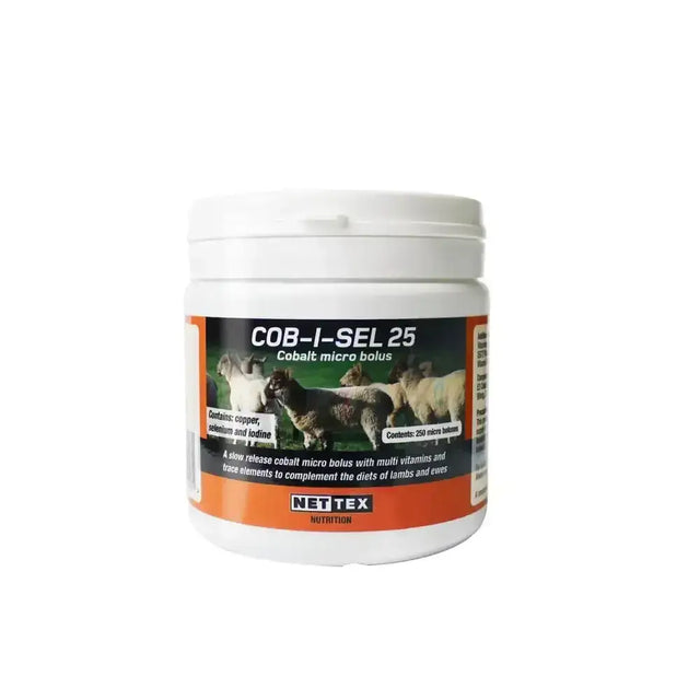 White plastic container with orange and black label for nettex agri cob-i-sel slow release 60-day cobalt supplement