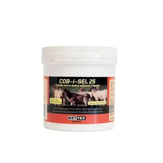 White plastic container with red and black nette x nutrition label for cob-i-sel 25 slow release 60-day cobalt supplement