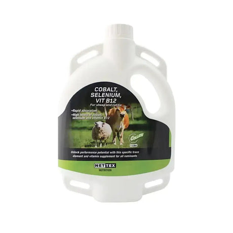 White plastic jug of nettex agri cobalt with black green label showing sheep and cattle to unlock performance potential