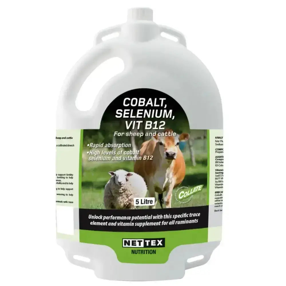 White plastic jug of nettex agri cobalt with green black label featuring sheep and cattle to unlock performance potential
