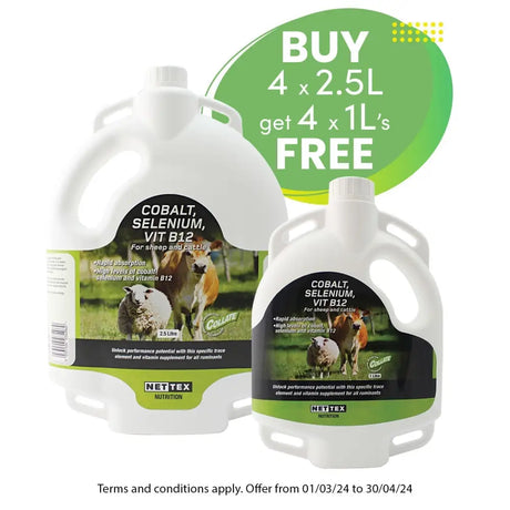 White plastic jugs labeled cobalt selenium vit b12 by nettex nutrition for sheep and cattle in nettex agri cobalt backpack