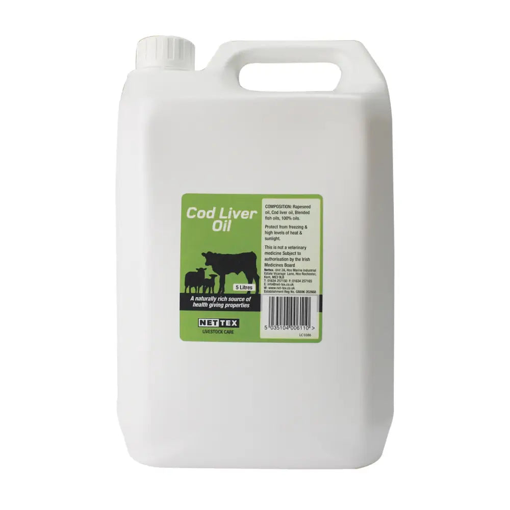 White plastic jerrycan of nettex agri cod liver oil 5 litres naturally rich source for animal health care