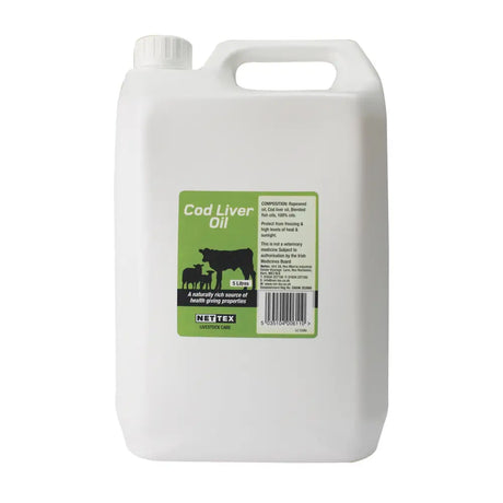 White plastic jerrycan of nettex agri cod liver oil 5 litres naturally rich source for animal health care