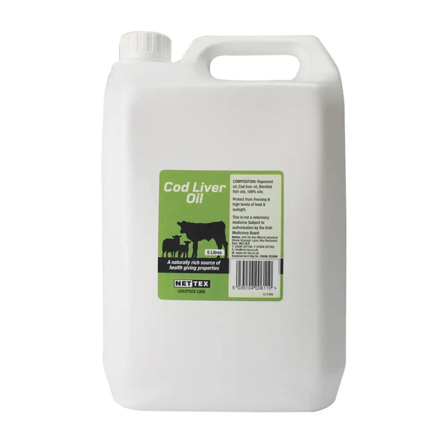 White plastic jerrycan of nettex agri cod liver oil 5 litres naturally rich source for animal health care
