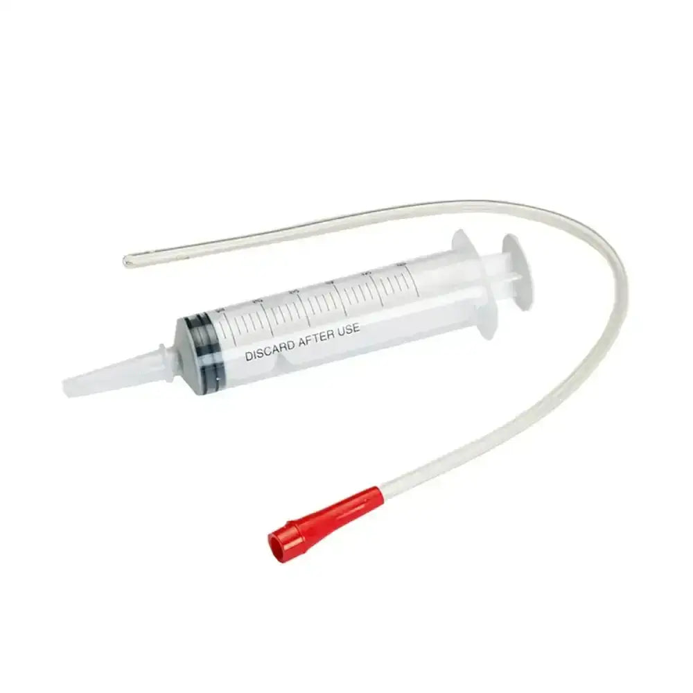 Clear plastic nettex agri colostrum feeder syringe with red tip and measurement markings discard after use label
