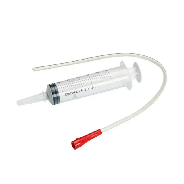 Clear plastic nettex agri colostrum feeder syringe with red tip and measurement markings discard after use label