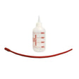 White plastic nettex agri colostrum feeder bottle with red measurement markings and curved red latex tube