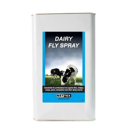 White rectangular metal canister of nettex agri dairy fly spray for effective dairy fly control on farms