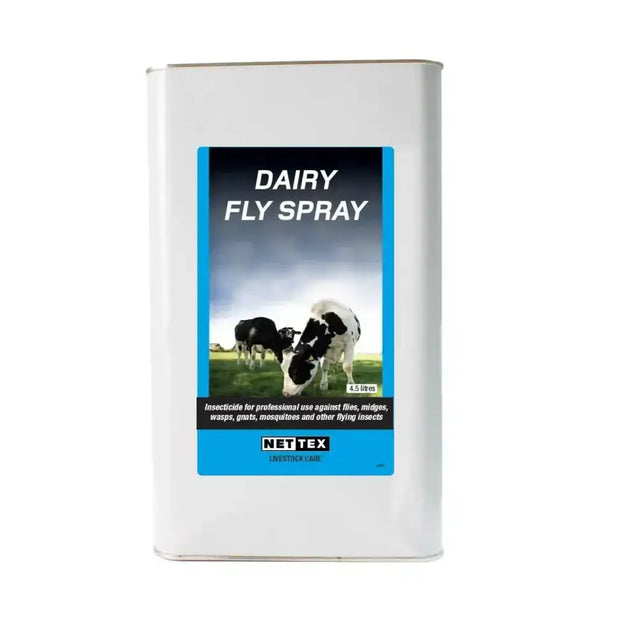 White rectangular metal canister of nettex agri dairy fly spray for effective dairy fly control on farms