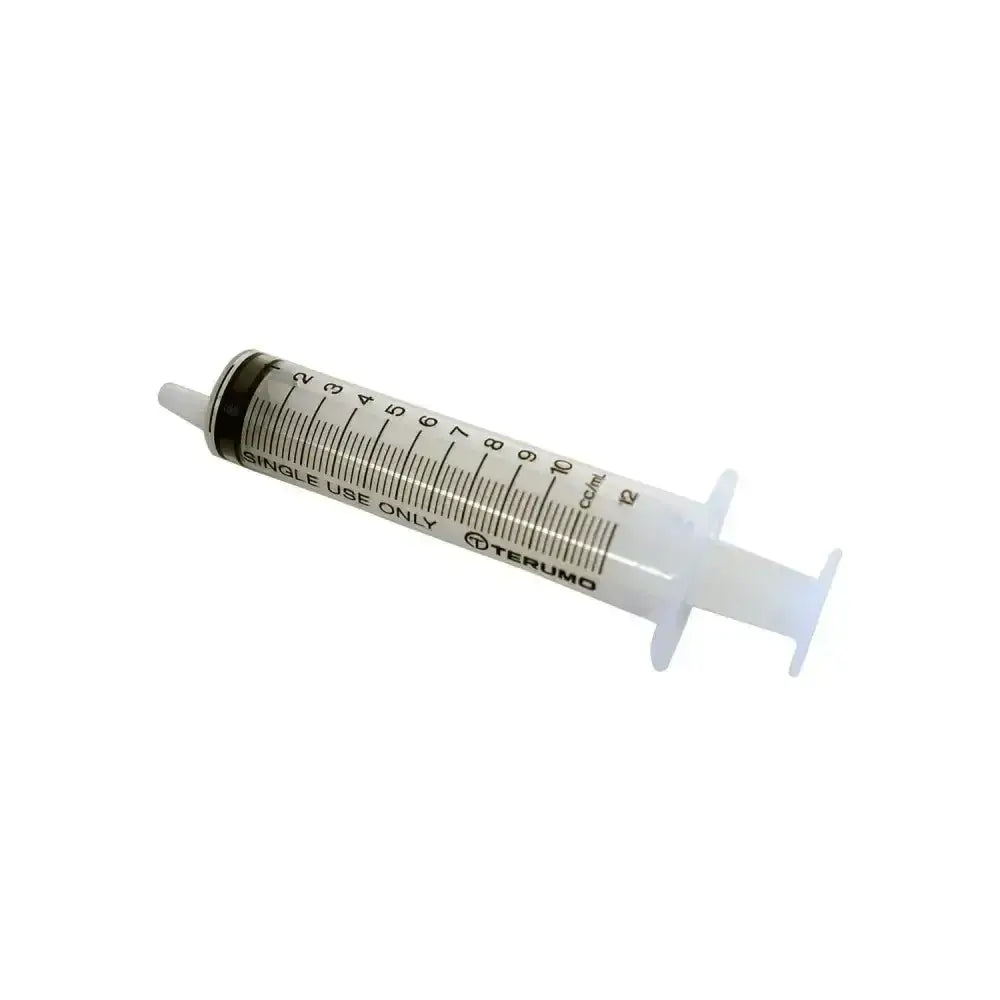 Clear plastic terumo syringe with black markings and white plunger for netteX agri disposable colostrum feeds or stomach tube