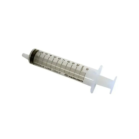 Clear plastic terumo syringe with black markings and white plunger for netteX agri disposable colostrum feeds or stomach tube