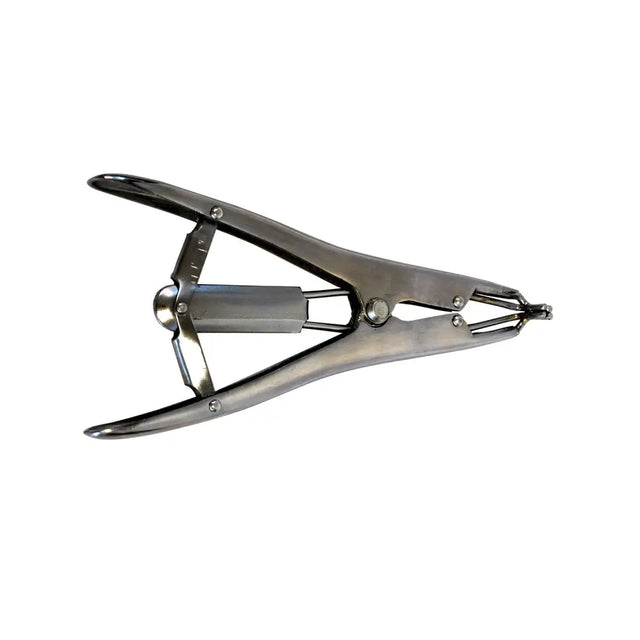 Stainless steel nettex agri elastration pliers with sleek polished finish and ergonomic handles for easy use