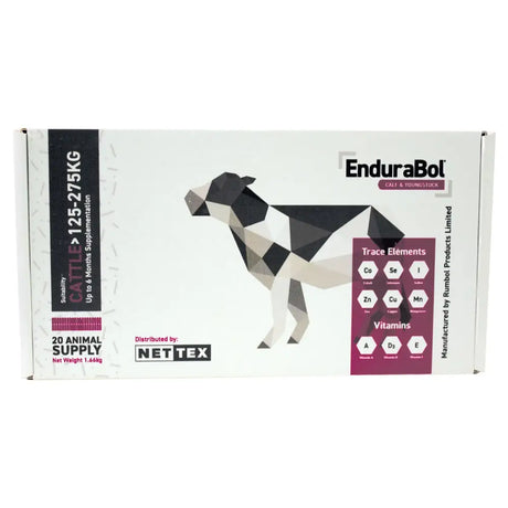 White cardboard box with black and grey geometric cow illustration labeled nettex agri endurabol calf for young cattle