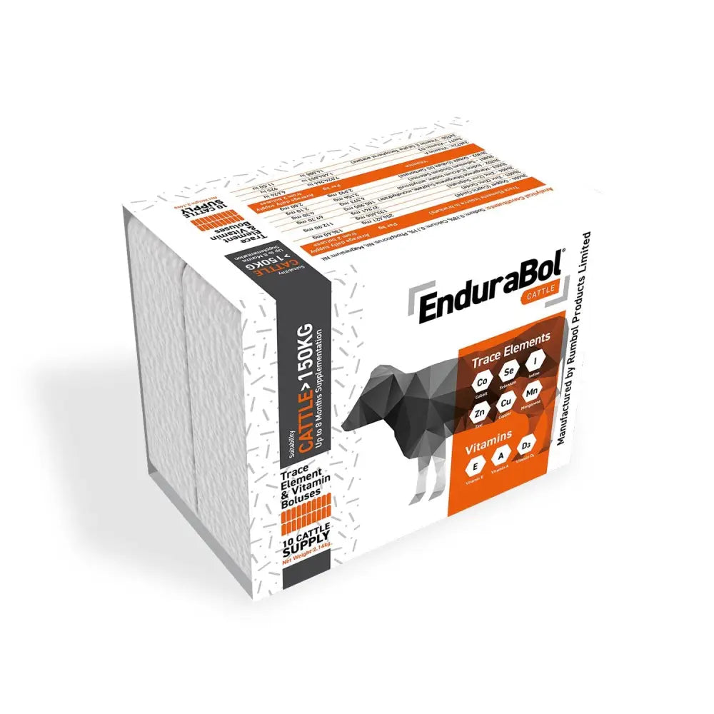 White and orange box of nettex agri endurabol cattle with six trace elements for cattle over 150kg using single point erosion technology
