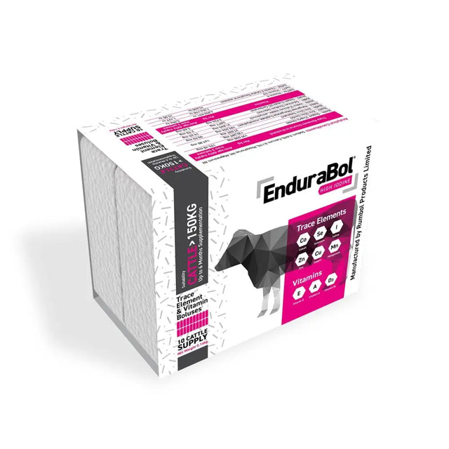 Nettex Agri Endurabol high iodine cattle supplement box with geometric black dog silhouette and single point erosion technology