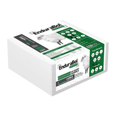 White cardboard box with green and black labeling for nettex agri endurabol sheep with copper gold standard bolus featuring geometric sheep illustration