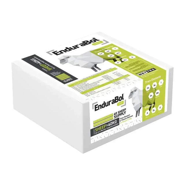 White cardboard box of nettex agri endurabol sheep supplement without copper featuring geometric sheep design and standard bolus technology