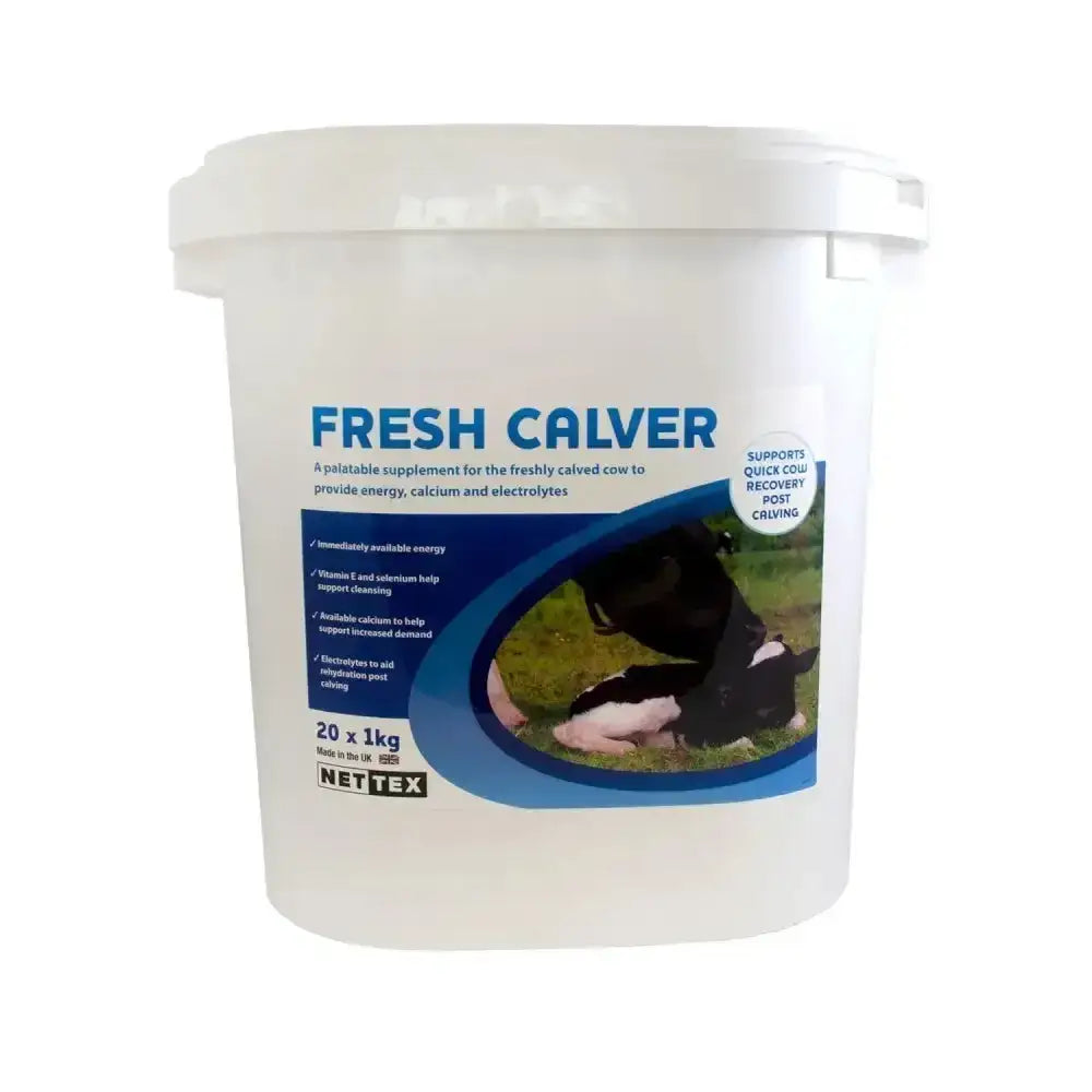 White plastic bucket of nettex agri fresh calver electrolyte supplement for freshly calved cow health and hydration