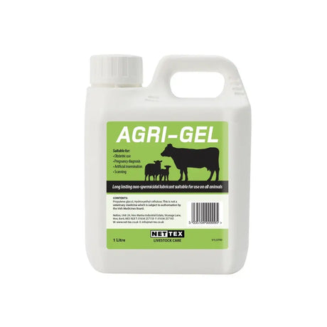 White plastic bottle of nettex agri agri-gel long lasting lubricating gel for livestock care non-spermicidal lubricant