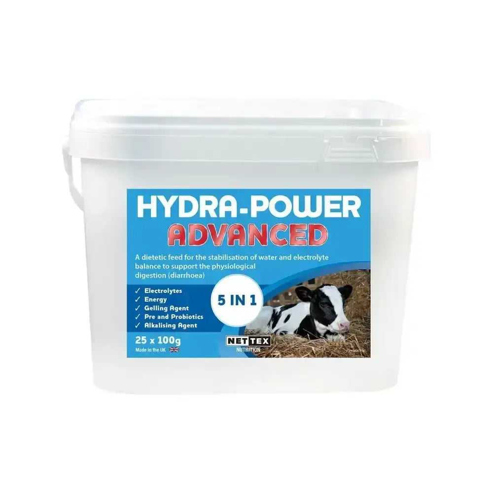 White plastic container of netteex agri hydra-power advanced 5-in-1 dietary feed for cattle to support digestive disturbance
