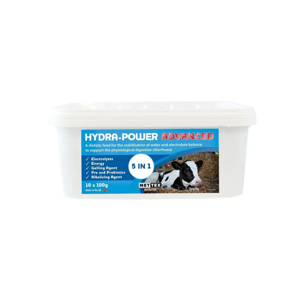 White plastic container of nettex agri hydra-power advanced 5-in-1 dietary feed for cattle preventing digestive disturbance