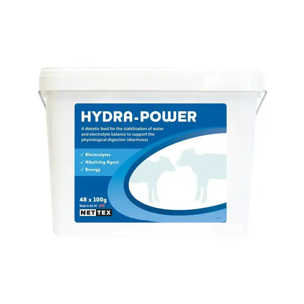 White plastic bucket with blue hydra-power label by nettex agri containing veterinary dietary feed for livestock