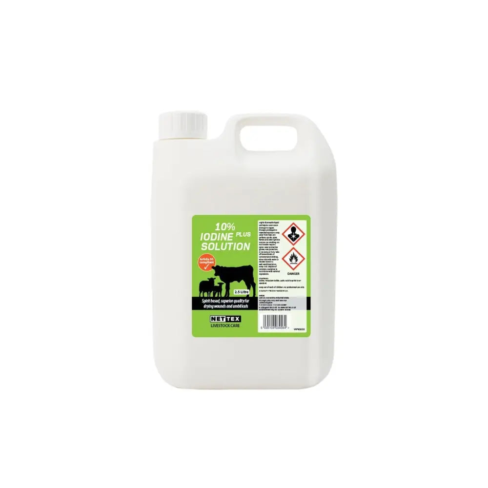 White plastic jug of netteX agri iodine 10% plus solution with superior quality strong iodine for livestock care