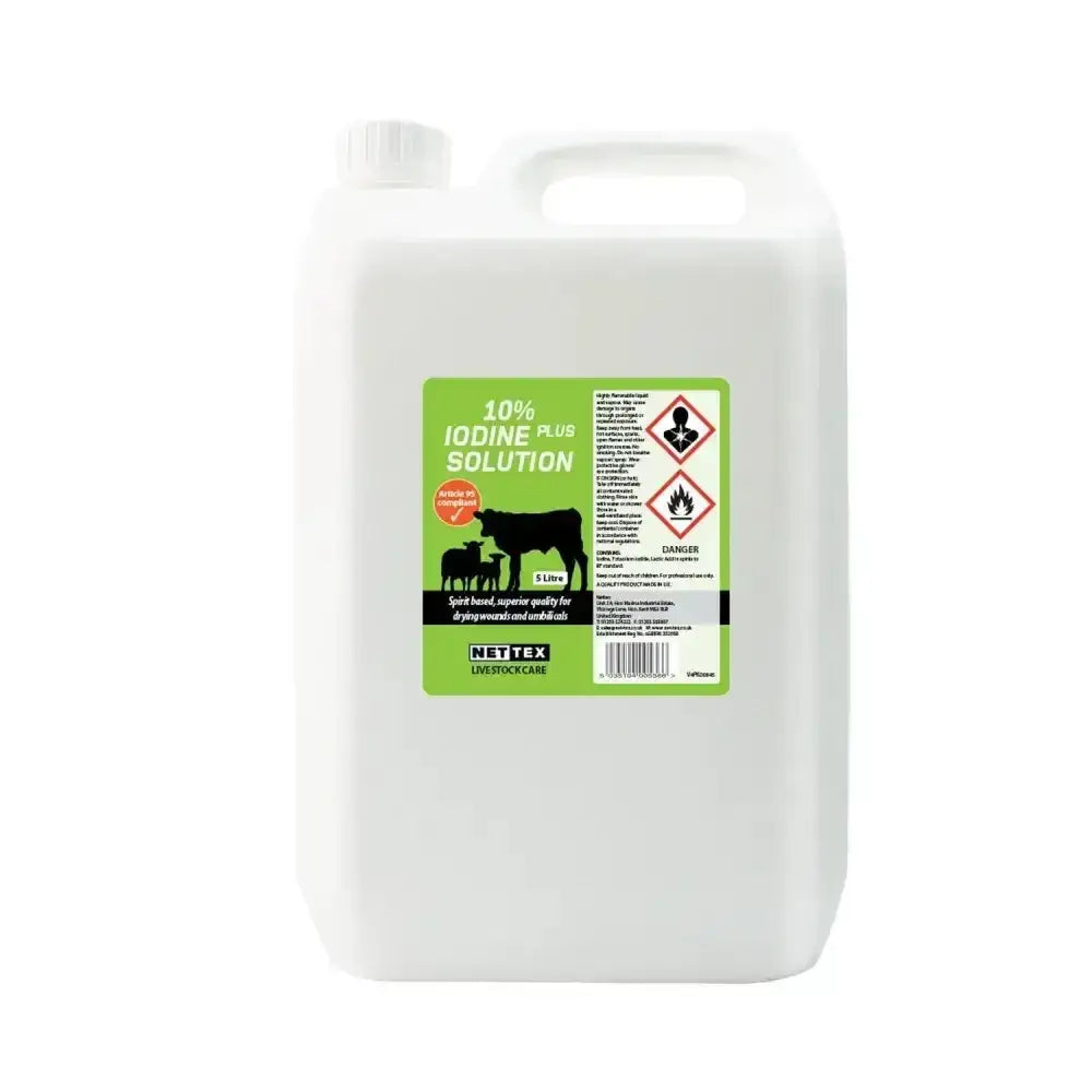 White plastic jug of nettex agri iodine 10% plus solution with green and black label for quality strong iodine use