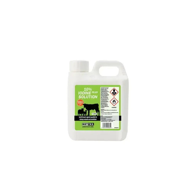 White plastic bottle of nettex agri iodine 10% plus solution with green label black cow silhouettes and hazard symbols