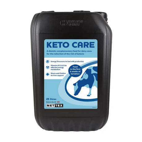 Black plastic 25-litre container of nettex agri keto care dietary feed for dairy cows keto care supplement