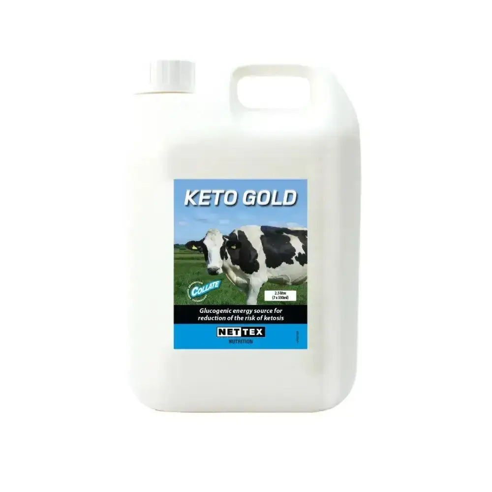 White plastic jug of nettex agri keto gold with blue and black label featuring a black and white cow for glucogenic energy source