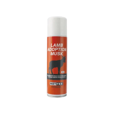 Orange nettex agri lamb aerosol can with white cap and silver base labeled lamb adoption musk to eliminate rejection