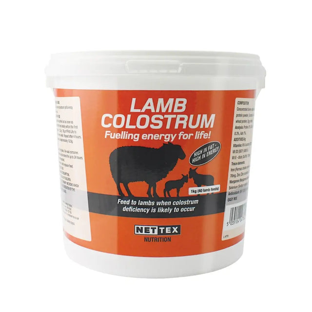 Orange and white plastic tub of nettex agri lamb colostrum easy mix colostrum blend high energy feed for lambs