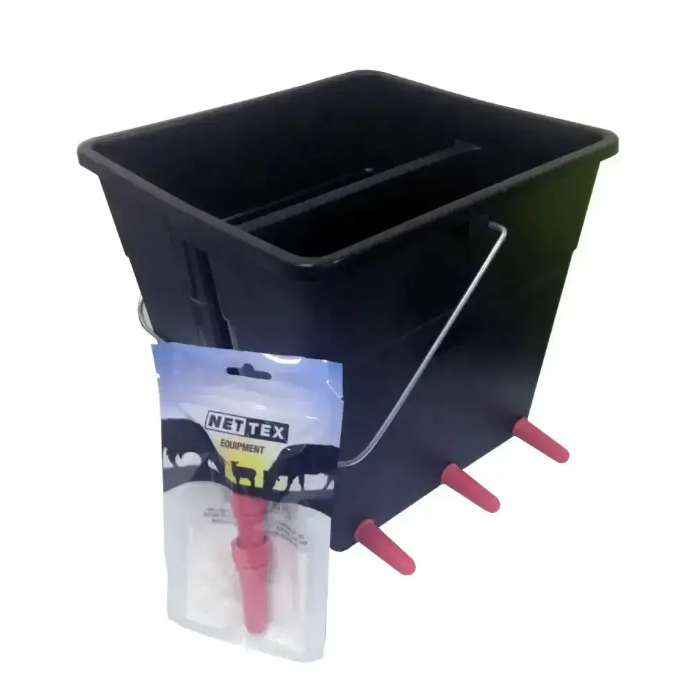 Black plastic nettex agri lamb feeder bucket with four pink nipples and silver handle for easy feeding
